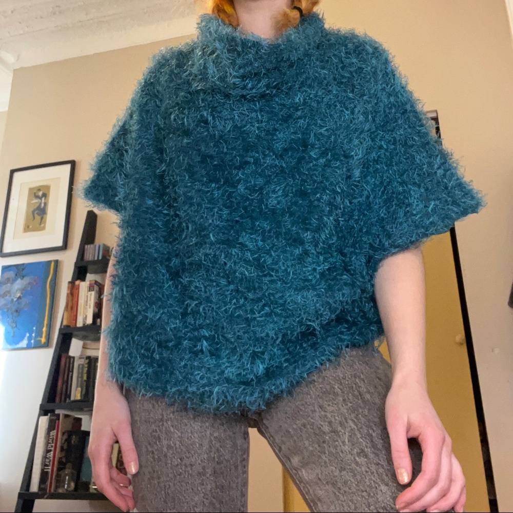 Fuzzy Y2K sweater top in teal blue